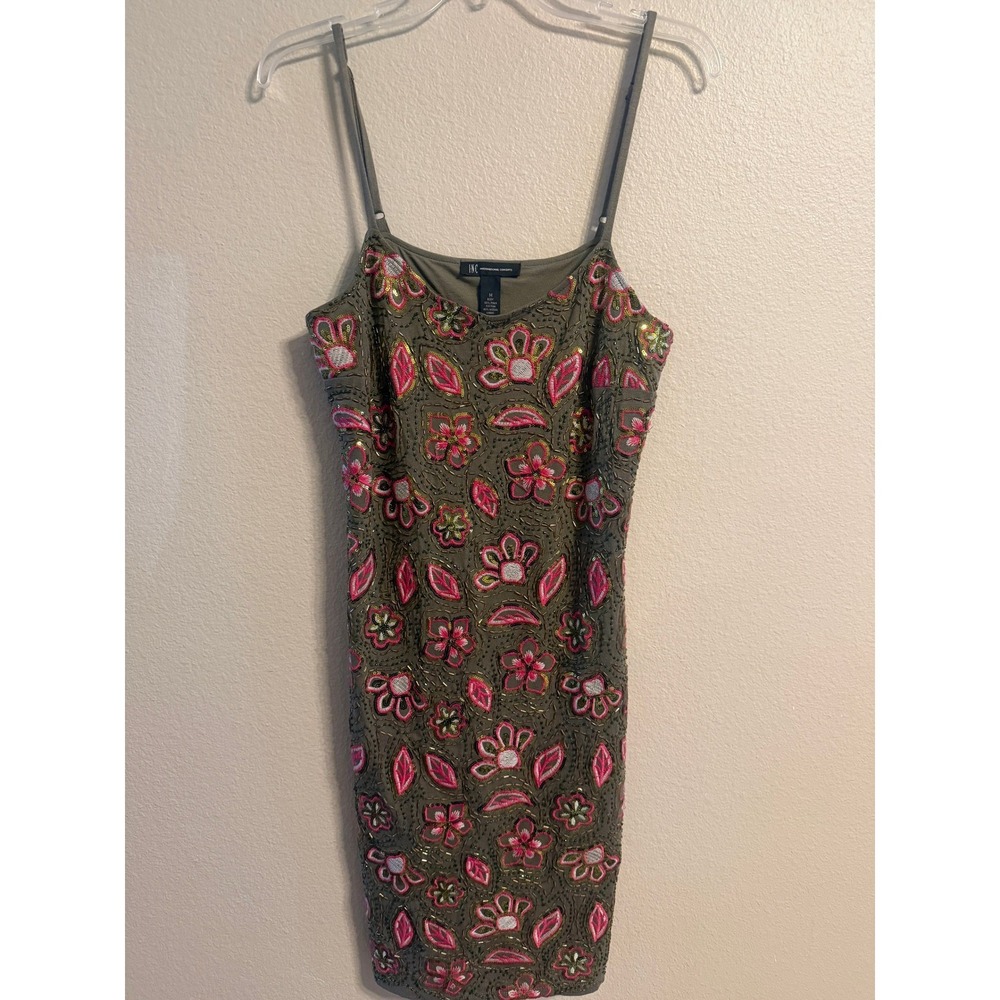 INC International Concepts Embellished Floral Strap Dress Olive Green Size M